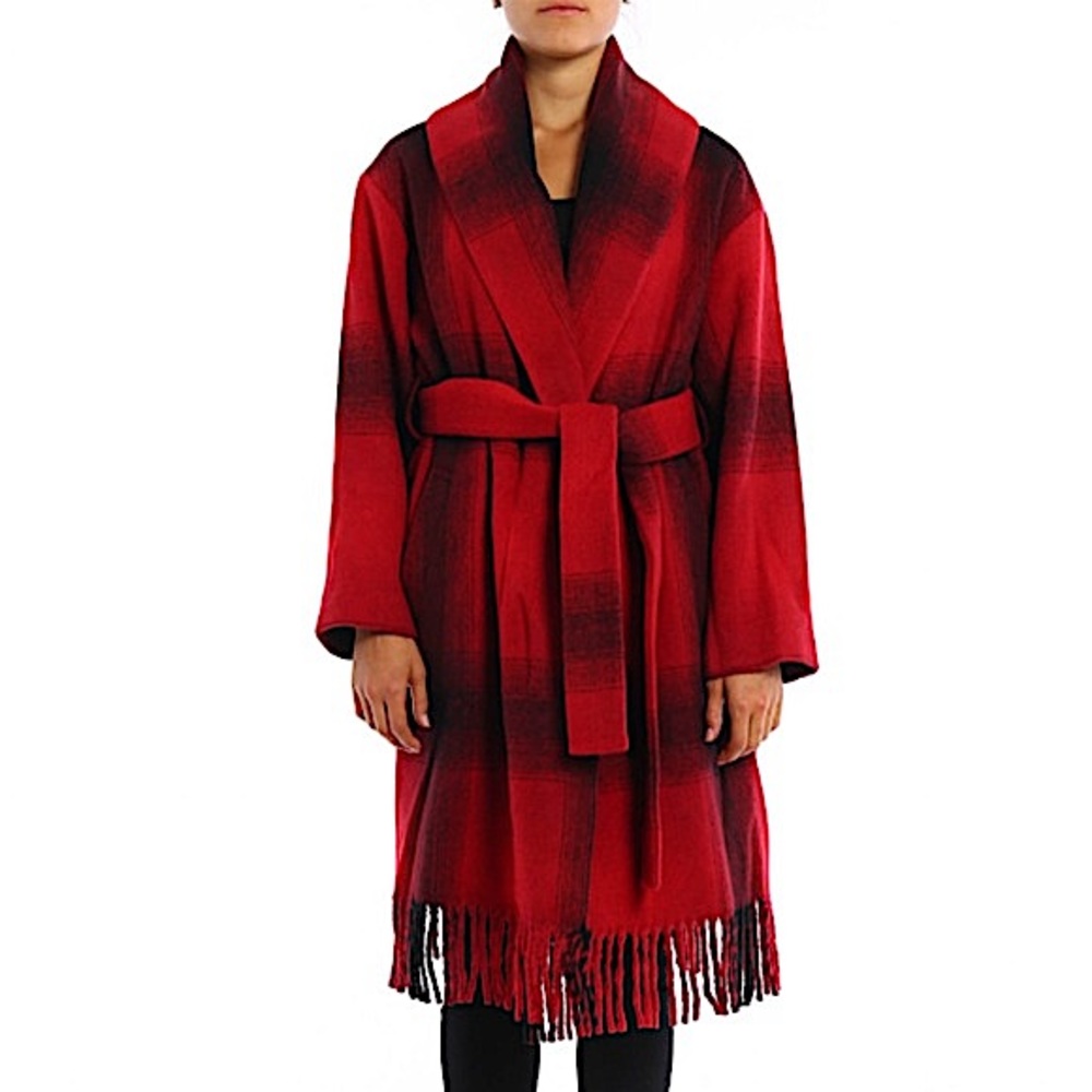 T by Alexander Wang black red plaid wool coat southwestern fringe